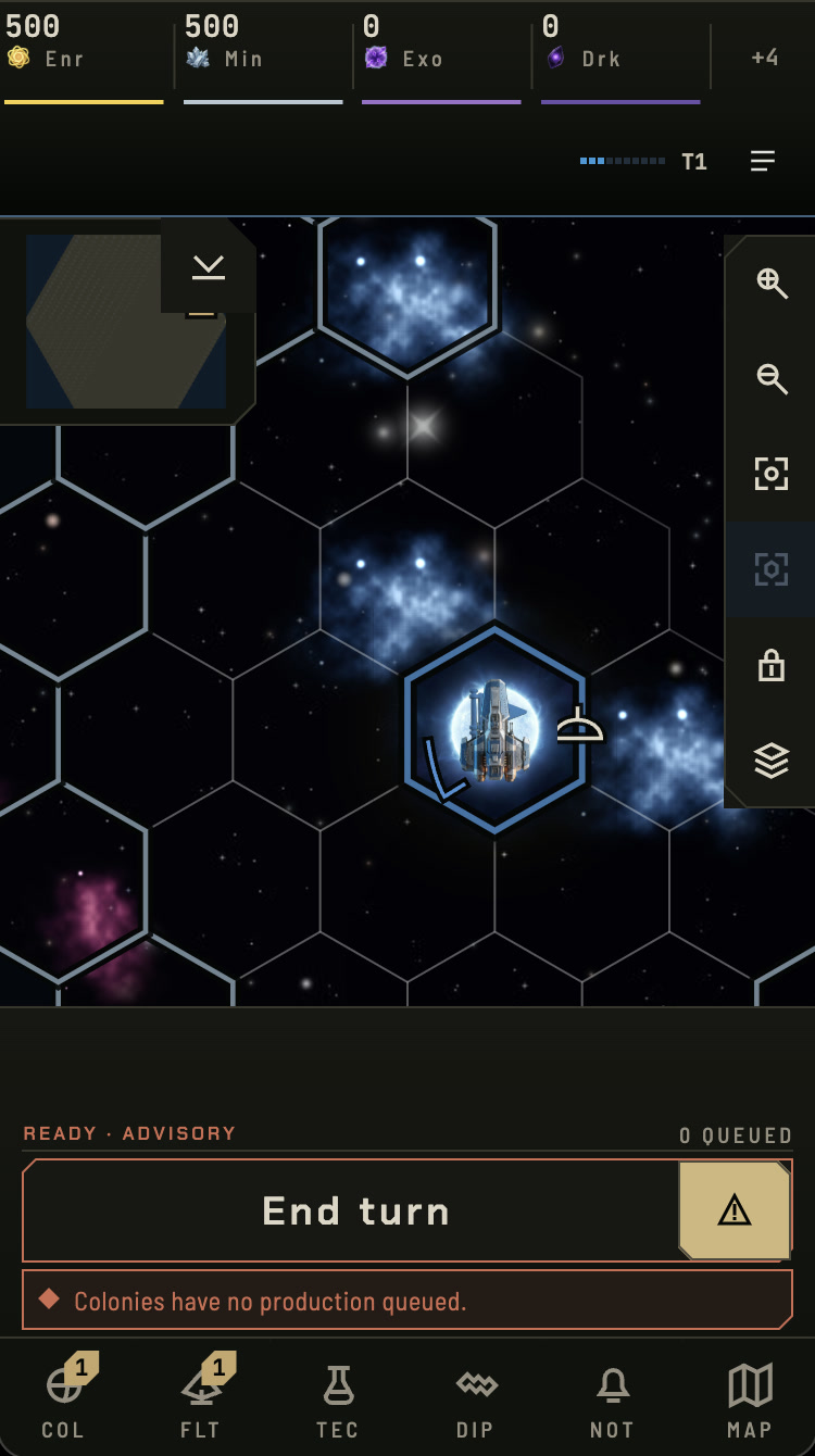 The game at phone width: four resources across the top with a “+4 more” marker, the map beneath, a fleet panel peeking up from the bottom, an End turn button, and a six-item navigation bar.