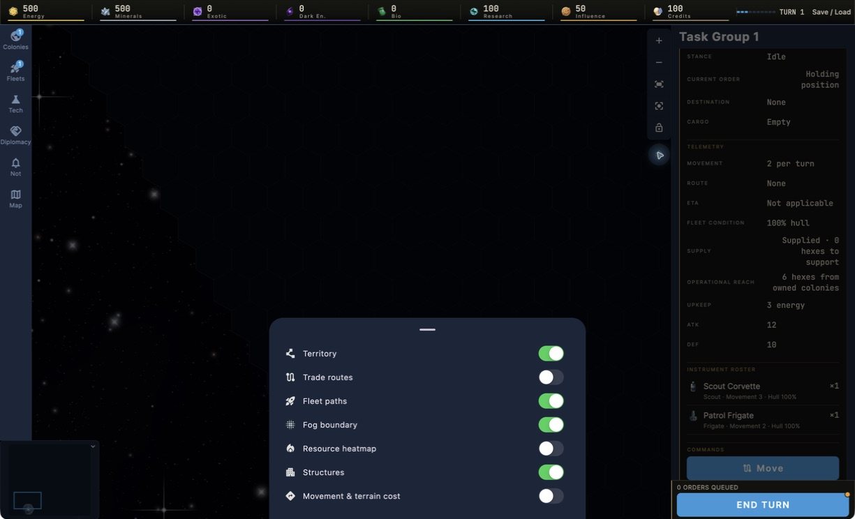 A sheet of map layer switches over the galaxy map — territory, trade routes, fleet paths, fog boundary, resource heatmap, structures, and movement and terrain cost — each with an on/off toggle.