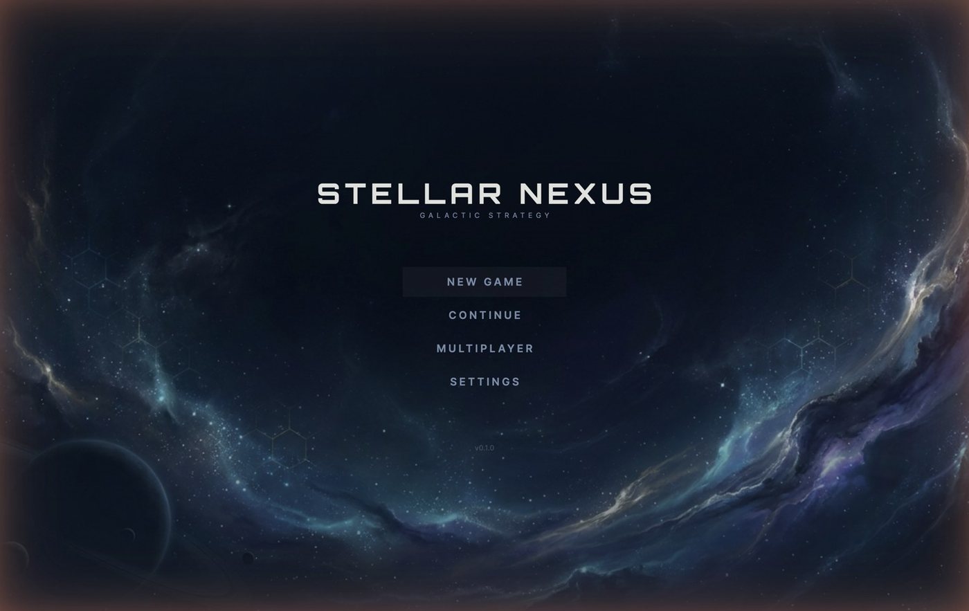 The Stellar Nexus title screen: the game name over a wide nebula, with New Game, Continue, Multiplayer and Settings listed beneath it.
