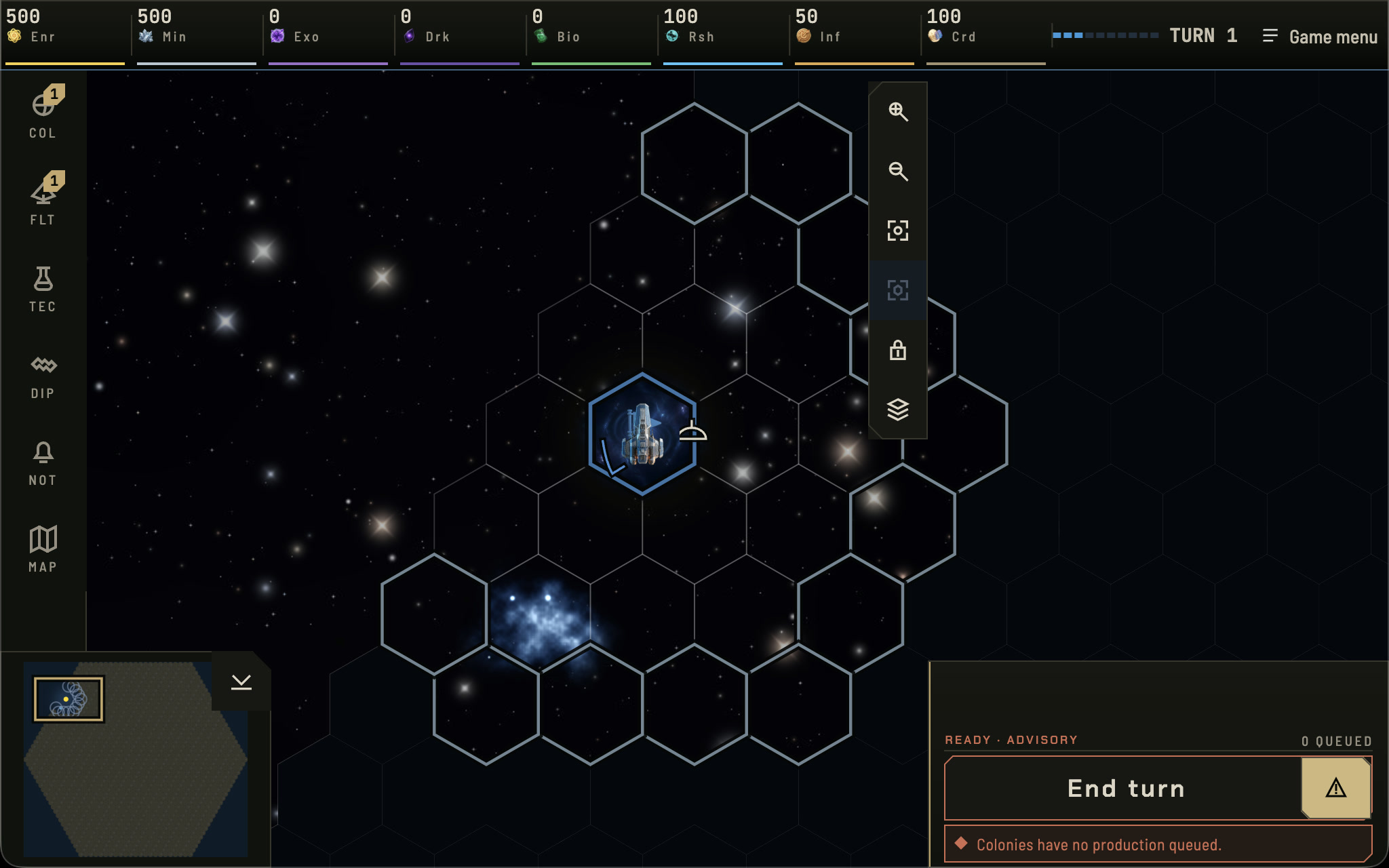 The game running in a small desktop window: an abbreviated resource strip across the top, the hex map filling the middle, and zoom, layer and End turn controls around the edges.